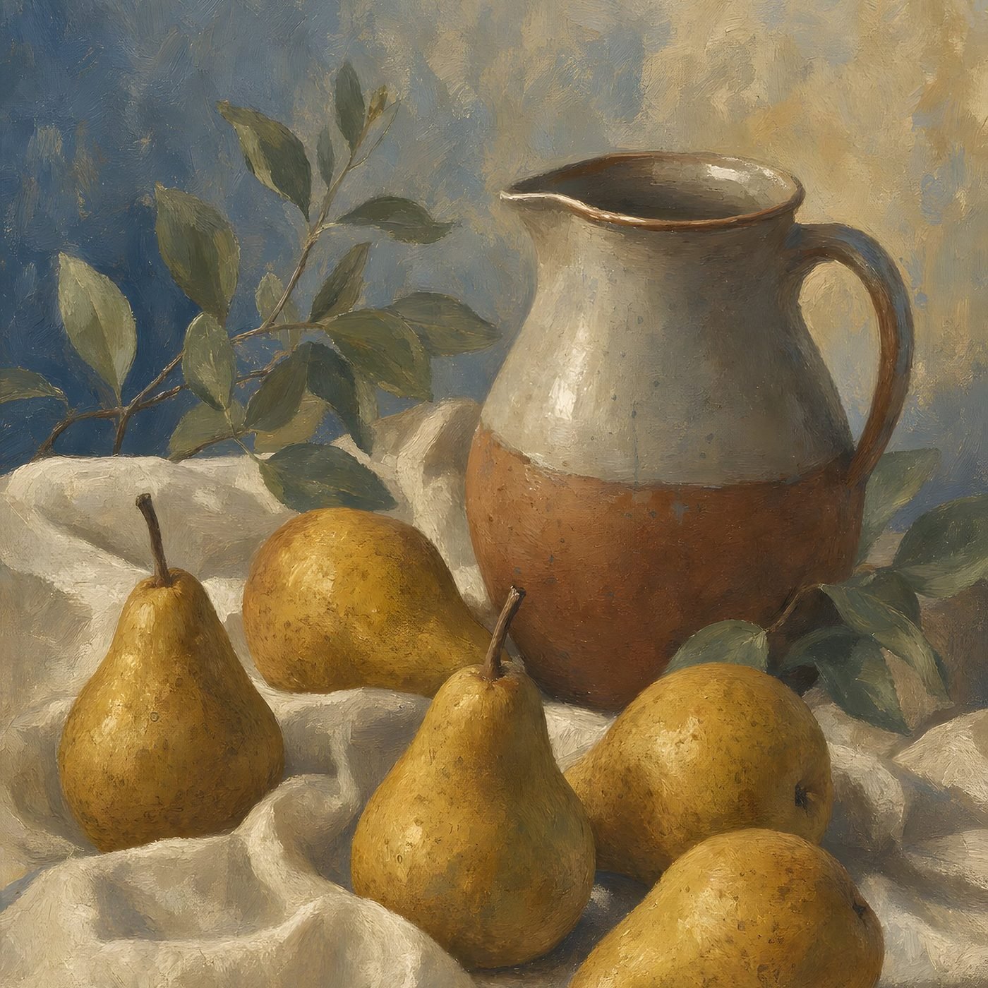 Autumn farmhouse pears on linen 5x7 300dpi shipped 100pct